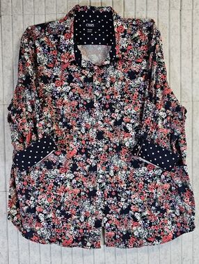 Chaps No Iron Floral Button Down Shirt Womens XL Navy Red Floral Polka Dot Cuffs